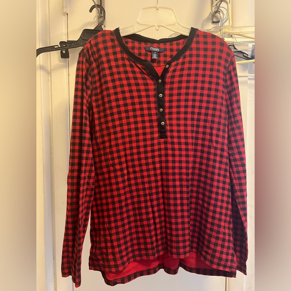 L women’s red and black long sleeved Chaps shirt